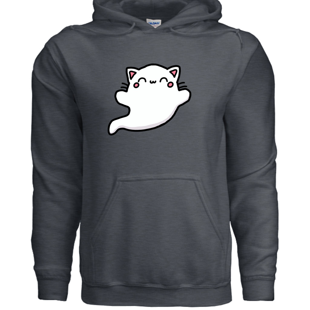 DARK HEATHER - FRONT / Soft ring-spun cotton hoodie featuring a spooky ghost cat — a fun Halloween hoodie for cat owners | Kitty Crush