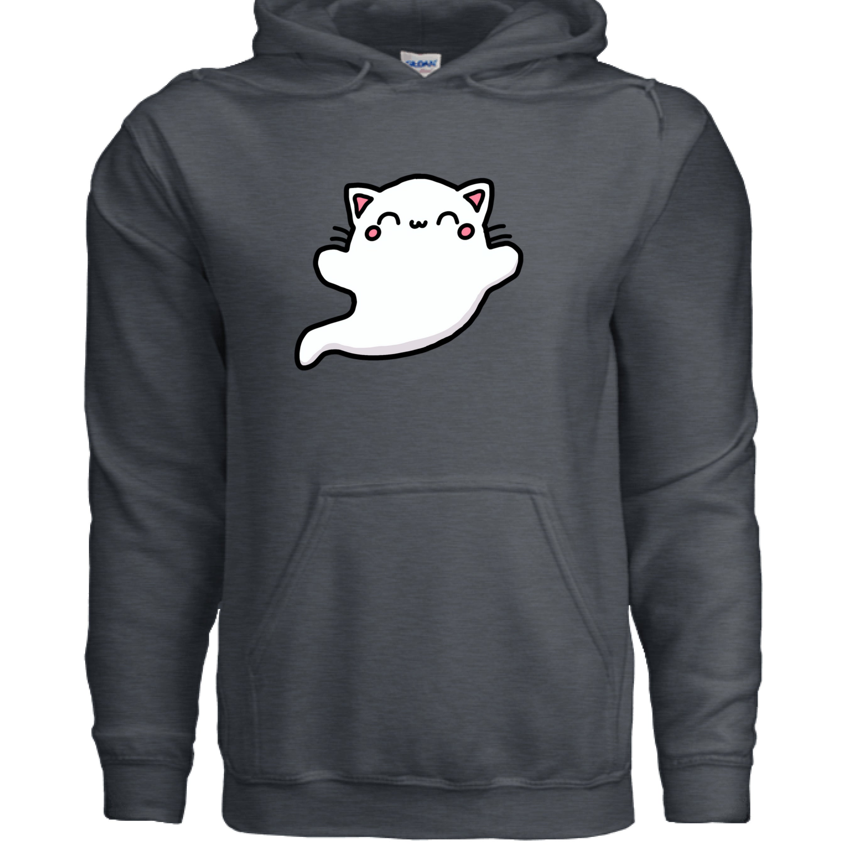 DARK HEATHER - FRONT / Soft ring-spun cotton hoodie featuring a spooky ghost cat — a fun Halloween hoodie for cat owners | Kitty Crush