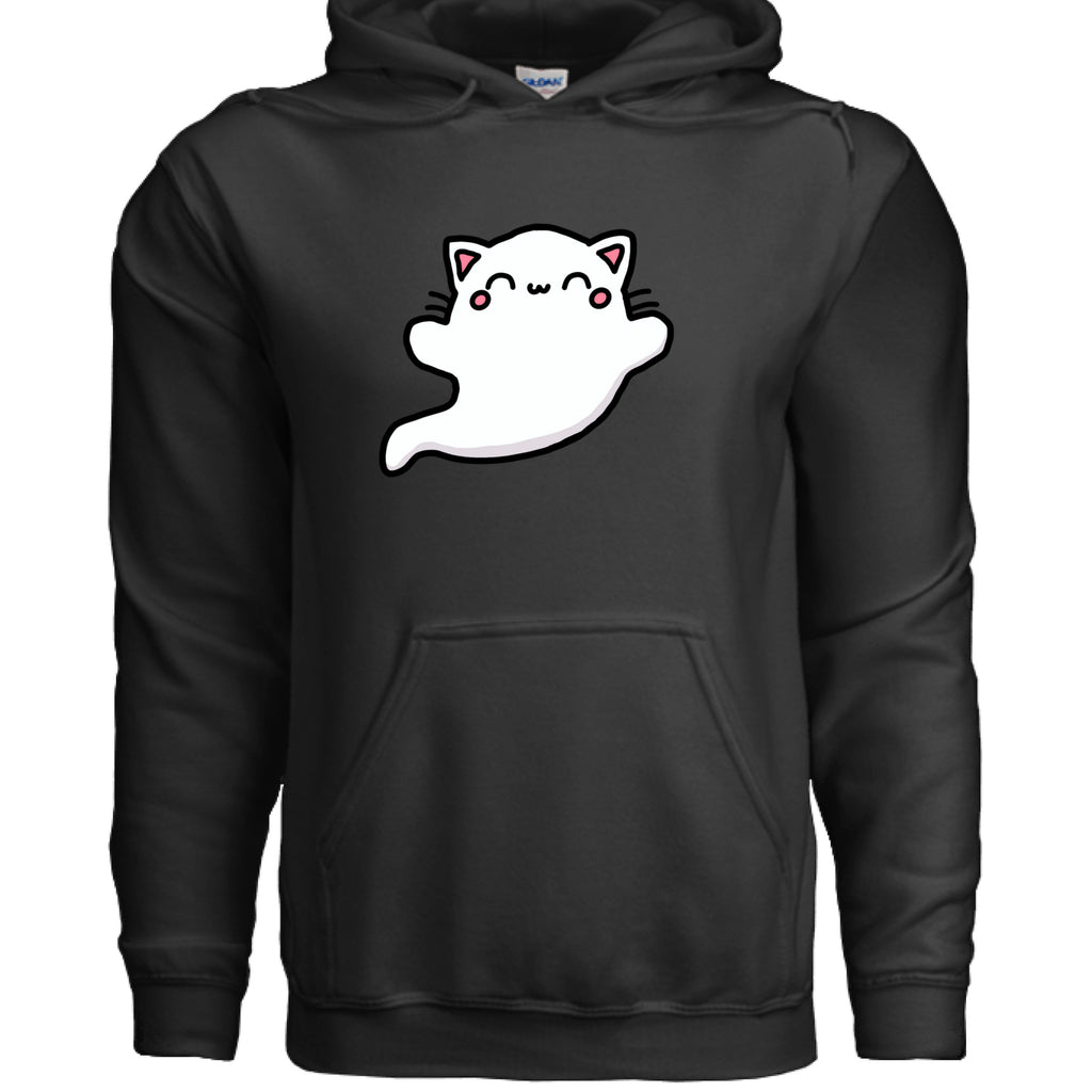 Soft ring-spun cotton hoodie featuring a spooky ghost cat — a fun Halloween hoodie for cat owners | Kitty Crush